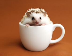 Cute and adorable hedgehog in tea cup. AI generated