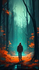 Person walking to mystical magical forest Generative AI
