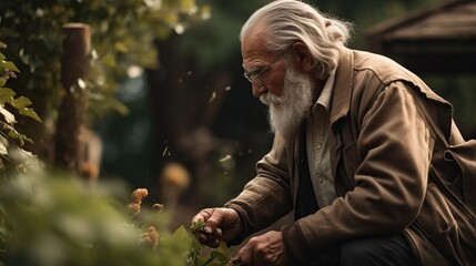 Naklejka na ściany i meble Old man working outdoor. Gardening concept. AI generative image.