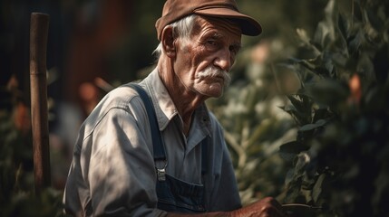 Old man working outdoor. Gardening concept. AI generative image.