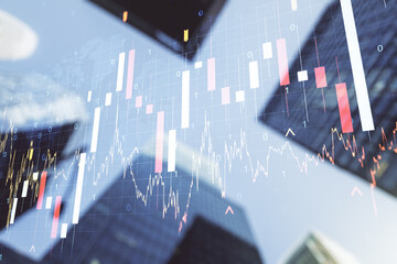 Double exposure of abstract financial chart with world map on office buildings background, research and analytics concept