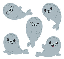 Cute cartoon grey seals set
