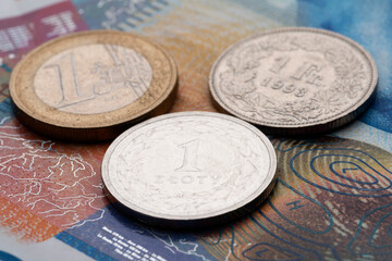 polish zloty, swiss francs and euro currency coins and banknotes