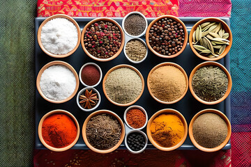 a vibrant flat lay showcasing an assortment of spices and herbs in small bowls on a colorful patterned cloth