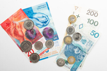 polish zloty currency and swiss francs currency coins and banknotes