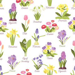 Vibrant And Lively Seamless Pattern Capturing The Essence Of Spring Flowers In Full Bloom. Hyacinth, Tulip, Snowdrop