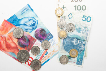 polish zloty currency and swiss francs currency coins and banknotes