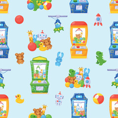Seamless Pattern Featuring Vibrant Grabber Machines And Toys In Various Colors And Designs, Cartoon Vector Illustration
