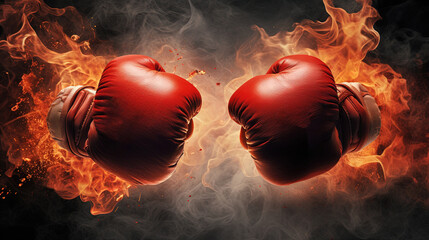 Hot fighting boxing competition match with gloves on both sides. Generative AI. Digital Art Illustration