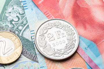 polish zloty currency and swiss francs currency coins and banknotes