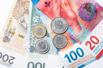 polish zloty currency and swiss francs currency coins and banknotes