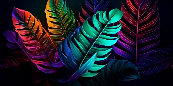 Dark green tropical leaves colorful neon light, backlight, leaves composition, plant background, manstera, palm leaves. Finest generative AI.
