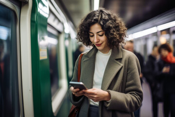 Candid morning shot of a woman using her smartphone during her subway commute, engrossed in work and connectivity, generative ai
