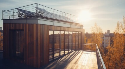 Modern house with solar panels on the rooftop with sunset on the background. Generative AI