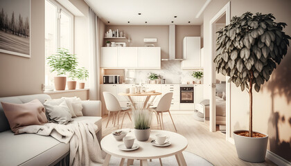 Classic Scandinavian kitchen with wooden and white details, minimalistic life interior design. Generation AI