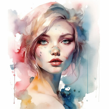 Woman with blue eyes, watercolor fashion illustration 