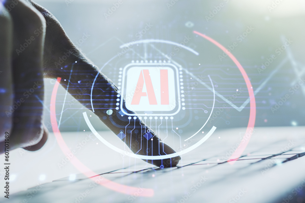 Poster double exposure of creative artificial intelligence abbreviation with hand typing on computer keyboa