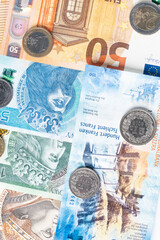 polish zloty, swiss francs and euro currency coins and banknotes