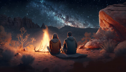 Happy colover couple sitting by campfire watching night sky with milky way full around tent camping, back view. Concept travel trip romantic vacation man and woman. Generation AI