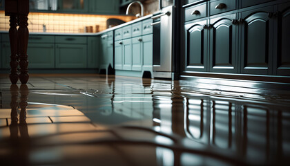 Flooded floor in kitchen from water leak. Damage , Property insurance concept. Generation AI