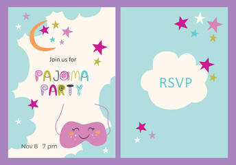 Pajama party card with sleep mask, moon, stars anfd clouds. Printable flyer design.