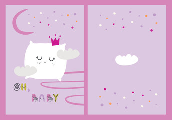 Cute pillow character with clouds and crown. Printable vector kids card. Hand drawn illustration