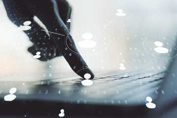 Double exposure of social network icons concept with hand typing on computer keyboard on background. Networking concept