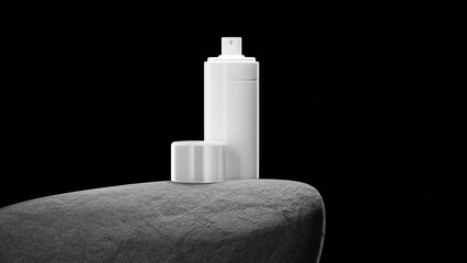 Bottle with spray on big grey stone. Dark background. 3d render.