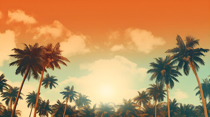 Fototapeta na wymiar Palm Trees Silhouette at Sunset in Vintage Postcard Style Background, with Copyspace.