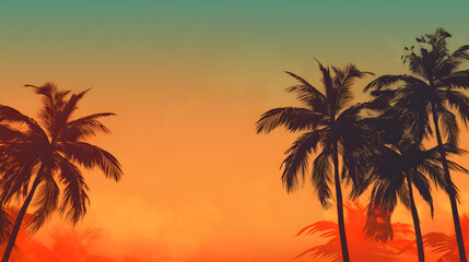 Fototapeta na wymiar Palm Trees Silhouette at Sunset in Vintage Postcard Style, with Copyspace.