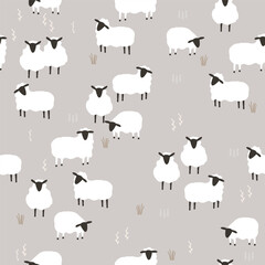 Seamless pattern with white sheeps. Cute farm print. Vector hand drawn illustration. - 607102891