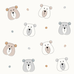  Colorful bears characters continuous one line art seamless pattern on light background.