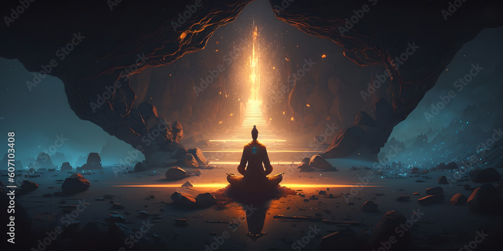 Wall mural astral yoga silhouette of human in cosmic space meditate. practicing transcendental spiritual medita