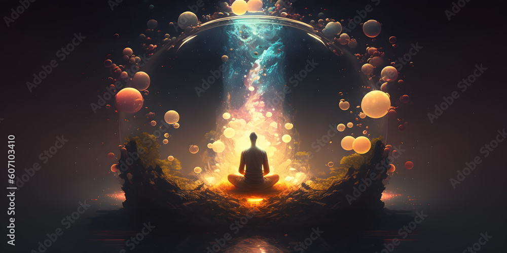 Wall mural astral yoga silhouette of human in cosmic space meditate. practicing transcendental spiritual medita