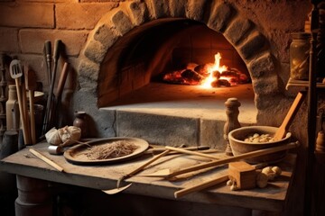 Obraz premium bake pizza in front traditional oven and stuff food photography
