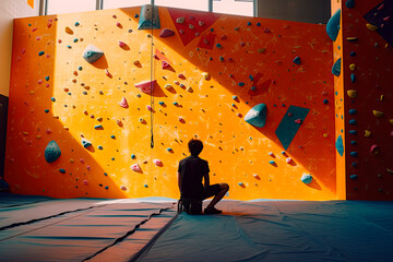 a person sitting on a blue mat in front of a climbing wall. Generative AI