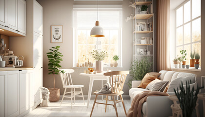 Classic Scandinavian kitchen with wooden and white details, minimalistic life interior design. Generation AI