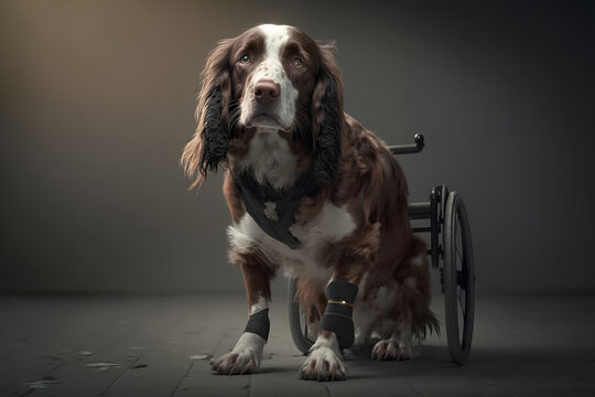 Handicapped dog in wheelchair at veterinary clinic, pet disabled. Generation AI