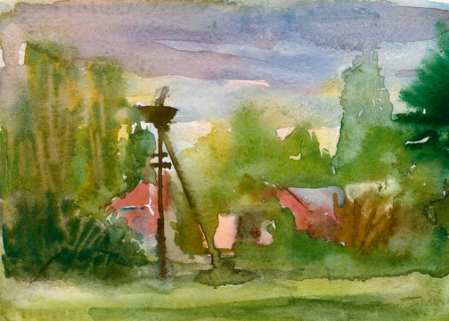 Watercolor sketch of village life with a stork's nest illustration