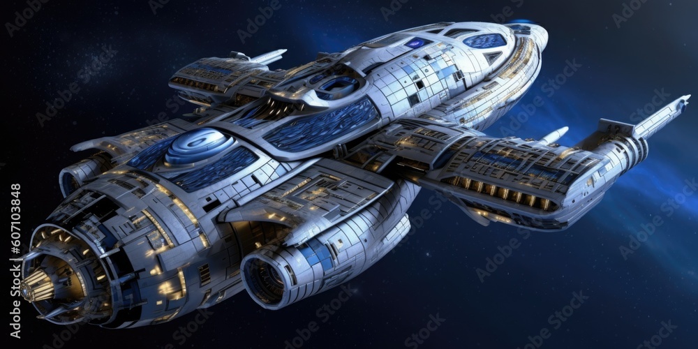 Poster the advanced and futuristic exploratory science carrier spaceship. generative ai aig27.