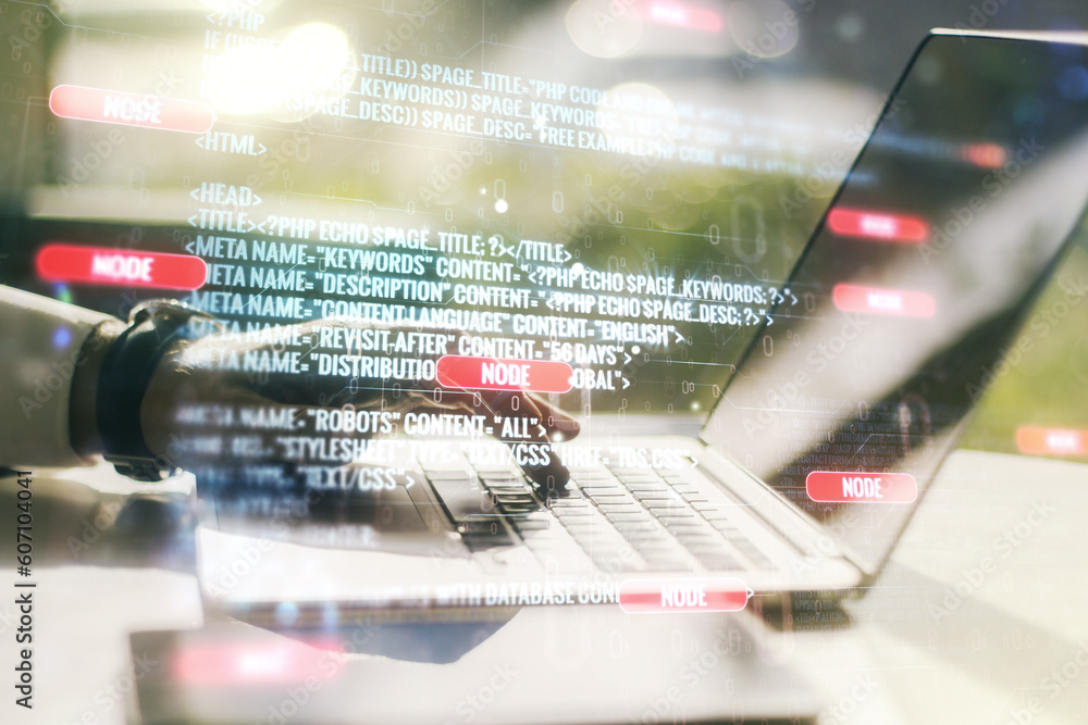 Poster double exposure of abstract creative programming illustration and hands typing on laptop on backgrou