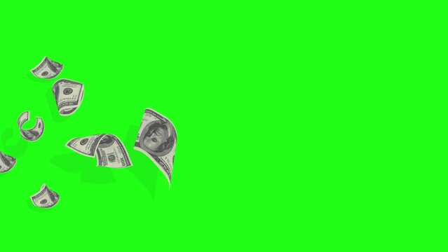 100 Dollars Money Flying Animation. Money Fall Background. Money flying with green screen background