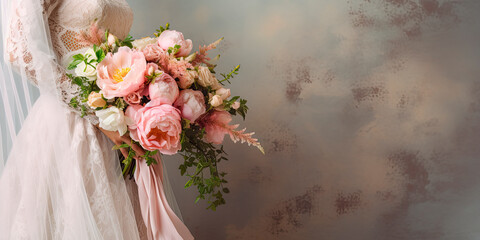 Banner of a wedding dress and bridal flowers bouquet. Generative AI