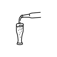 Beer pouring from dark bottle black line icon.