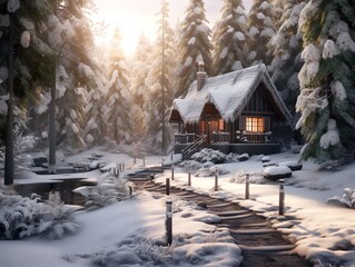 House in the winter woods, generative AI