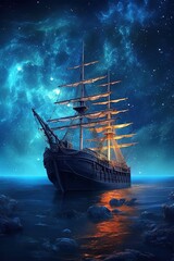 Sailing old ship in storm sea at sunset. Night starry sky. Generative AI