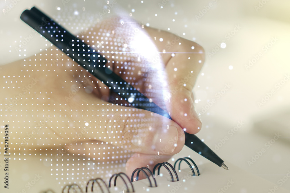 Poster Multi exposure of abstract creative digital world map and man hand writing in notebook on background, research and analytics concept
