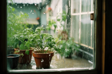 a potted plant on the windowsill during rainy weather