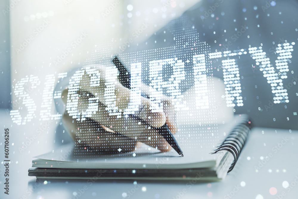 Aufkleber cyber security creative concept with man hand writing in notepad on background. double exposure