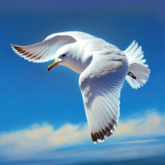 White seagulls fly freely in the sky. Generative AI.